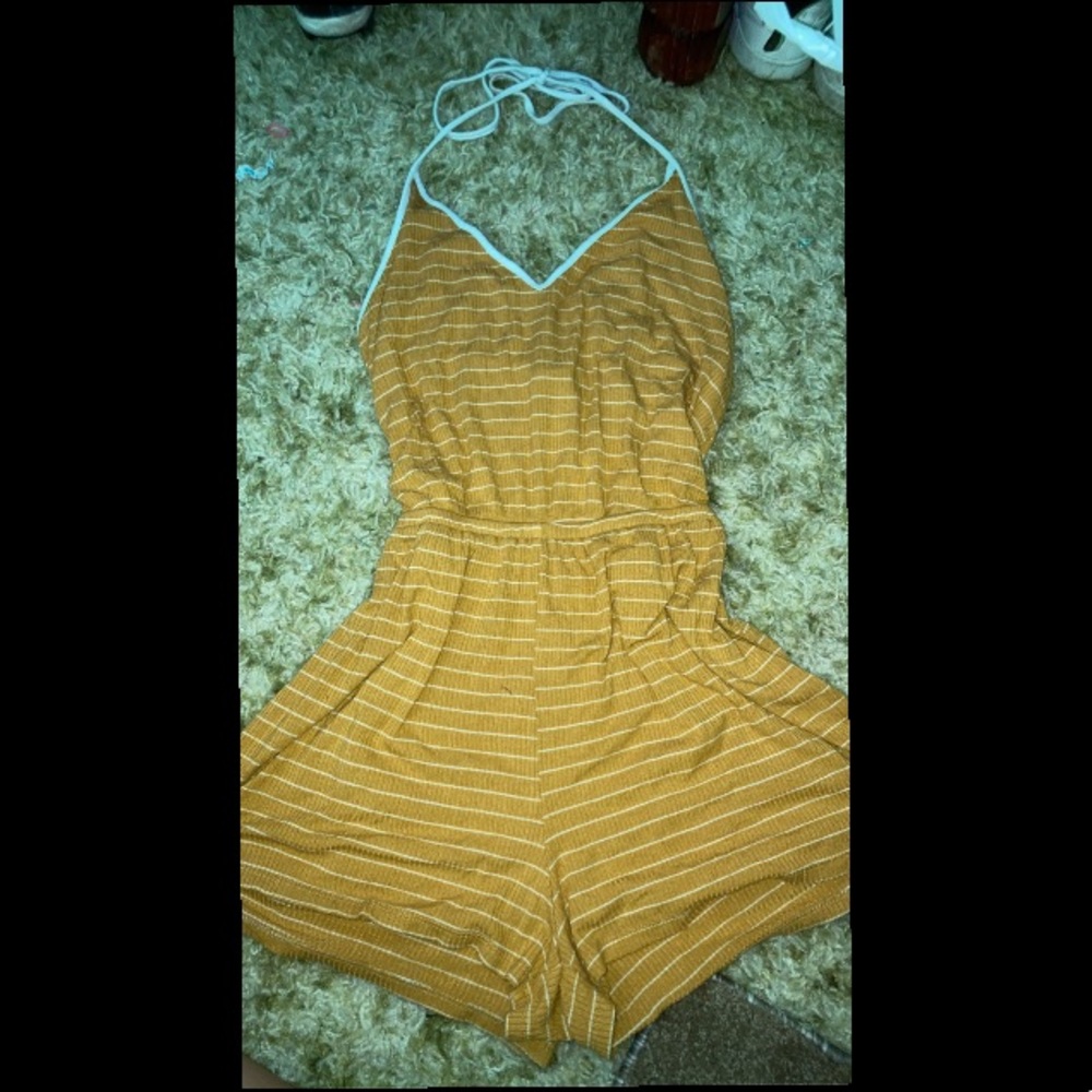 COPY - Forever 21 yellow and white striped halter v neck romper. size medium